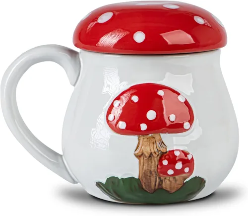 Bonita taza de hongo con tapa, taza grande de cerámica para café y té, regalo divertido para mujeres