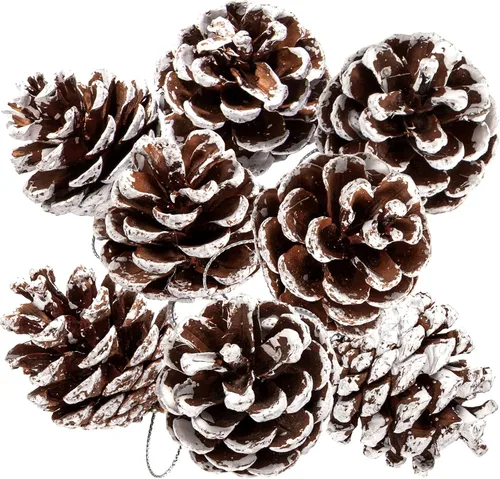 Whaline 25 piñas de pino natural de Navidad a granel, piñas rústicas de nieve con cadena de piña, colgante de cono de pino, adorno colgante de