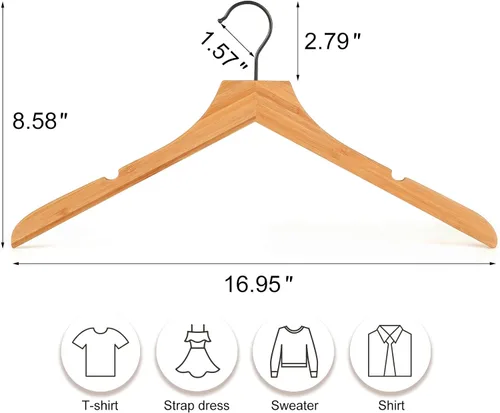 Miniatura 2 de TOPIA HANGER Perchas de madera de bambú, perchas con gancho negro giratorio y nothces de corte liso, juego de 12 perchas de madera duraderas