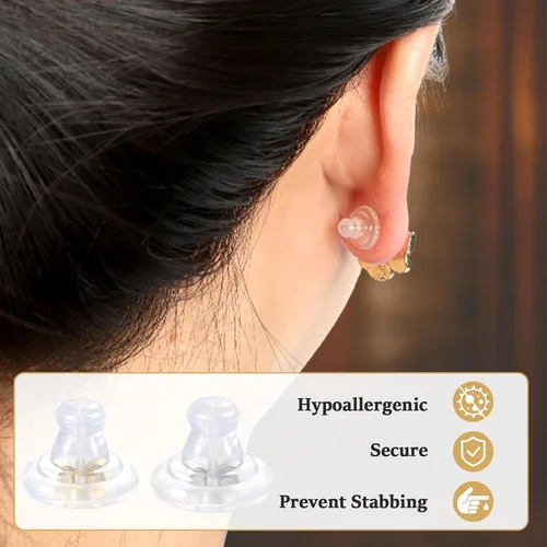 Miniatura 3 de Parte trasera de arete de oro de 18K con silicona para tachuelas/orejas caídas, parte trasera de arete de goma con bloqueo seguro para aretes