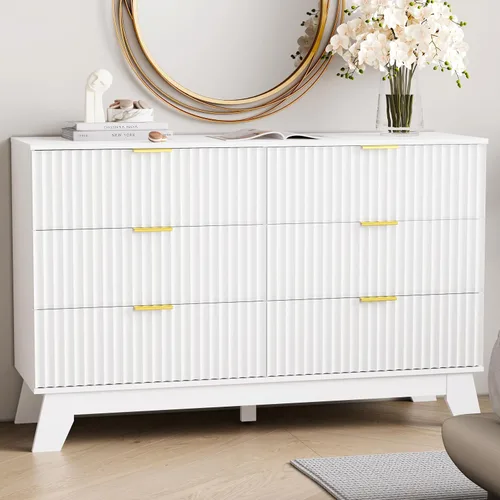 Miniatura 9 de HUANLEGO Cómoda de 6 cajones para dormitorio, cómodas estilizadas negras con cajones y tirador dorado, cómodas de madera modernas de mediados