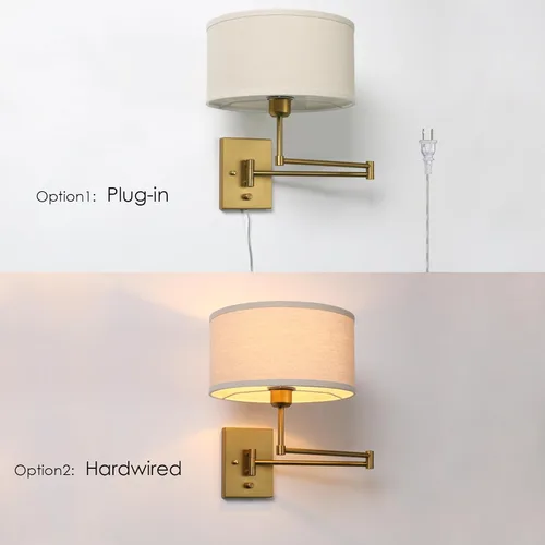 Miniatura 6 de Aplique de pared de tela textil de lino vintage Swing Arm, Adjustable, with on/Off Switch, Brass Gold Wall Mounted Lamp, Reading Light Fixture for