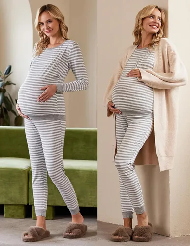 Miniatura 3 de Ekouaer Conjunto de ropa interior térmica de maternidad y lactancia, conjunto de pantalones largos de punto a rayas, capa base superior e inferior