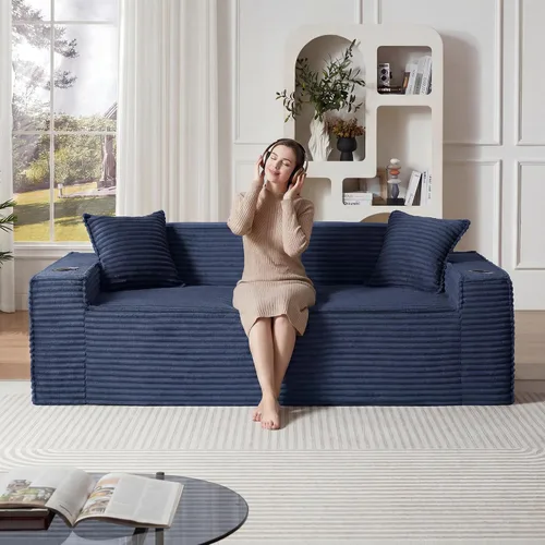 Miniatura 22 de Sofá sin hueso de 66.5 pulgadas con portavasos y bolsillos laterales, sofá biplaza tapizado de tela de pana moderna con 2 almohadas para sala