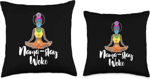 Miniatura 3 de Namaste Yoga Gifts – Almohada para yoga con diseño de Nama Stay Woke DressedForDuty Nama Stay Woke – Black Afro Girl Chakra, Namaste Yoga Throw