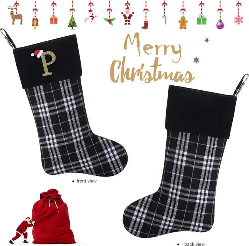 Miniatura 8 de Calcetines de Navidad personalizados con monograma inicial, adornos colgantes, medias clásicas de cuadros negros de 19 pulgadas, decoraciones