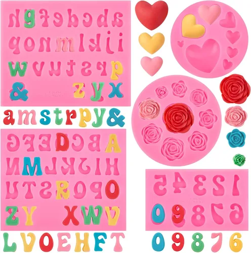 Moldes de silicona de letras para chocolate, 5 piezas de moldes de números y letras en forma de corazón de rosa, moldes de fondant para caramelos,