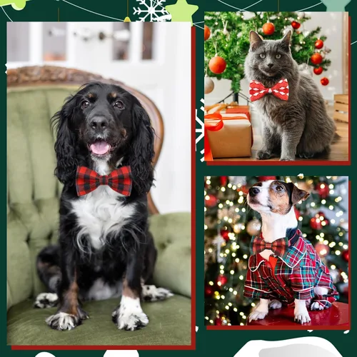Miniatura 2 de Silkfly 60 piezas de collar de perro a cuadros de Navidad, corbatín a granel, accesorios de vacaciones, lazos para cachorros, collares desmontables