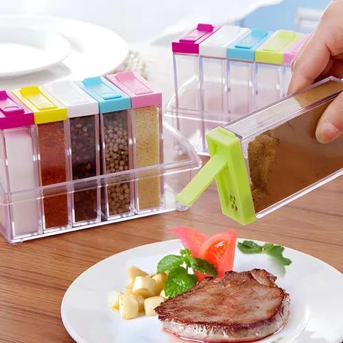 Miniatura 4 de Juego de 12 tarros coloridos para especias y salero y pimentero, juego de condimentos, estuche dispensador de especias de plástico, botella