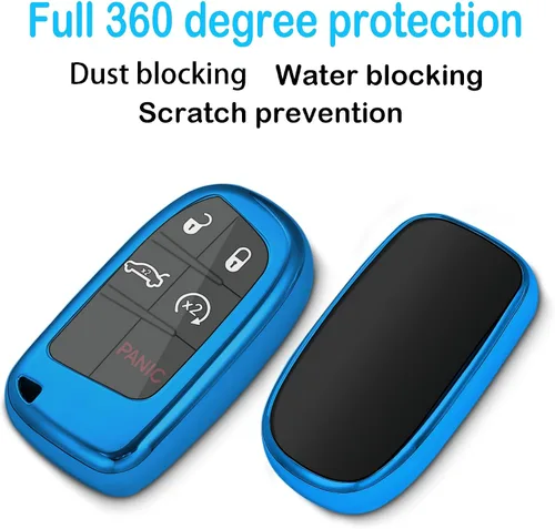 Miniatura 3 de Kirsnda Funda para llavero Jeep, con llavero compatible con Grand Cherokee Renegade Chrysler 200 300 Dodge Durango Challenger Journey Dart Fiat Azul