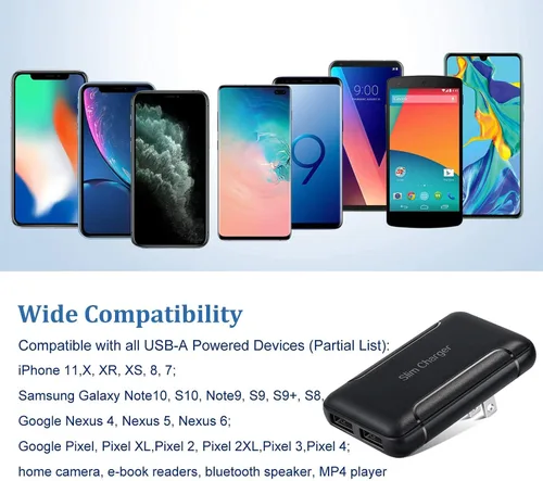 Miniatura 7 de Cargador de pared USB doble, [paquete de 2] cargador plano de pared USB delgado compatible con iPhone 16 15 14 Pro Max/13/12/11/Xr/Xs/X, Galaxy Negro