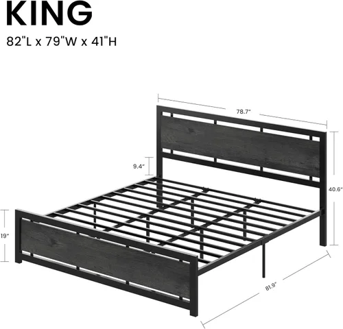 Miniatura 2 de LIKIMIO Base de cama King con cabecero y estribo, soportes fuertes de metal, fácil montaje, sin ruido, no necesita somier, gris carbón