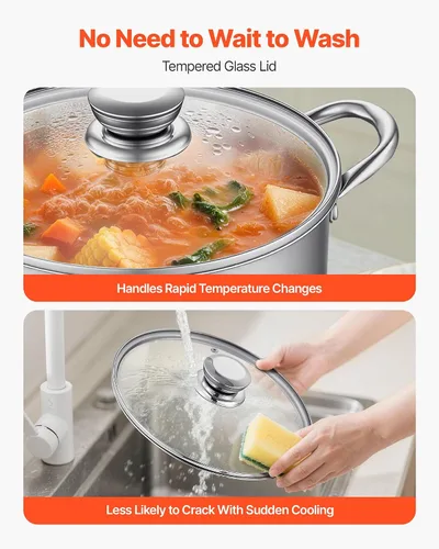 Miniatura 6 de VEVOR Olla de acero inoxidable, olla de acero inoxidable de 8 cuartos con tapa de vidrio, sin PFOA, sin PFAS, compatible con estufas de gas, cocinas