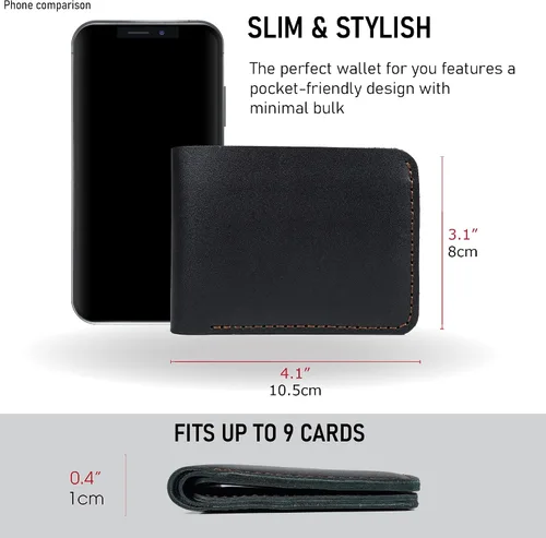 Miniatura 3 de HATA Black Cowhide Full Grain Leather Bifold Wallet For Men With RFID Blocking Minimalist Front Pocket Security Passcase And Durable Extra Capacity
