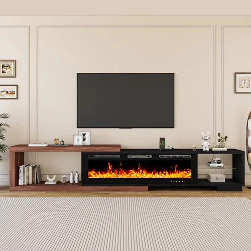 Miniatura 4 de Soporte de TV extensible con chimenea eléctrica de 71 a 116 pulgadas, moderno centro de entretenimiento con luces LED y toma de corriente para TV
