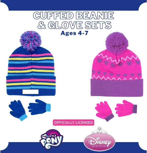 Miniatura 3 de Paquete de 2 sombreros de invierno para niños, guantes o mitones, My Little Pony y Princess Baby Beanie para niñas de 4 a 7 años, azulrosa, AzulRosa