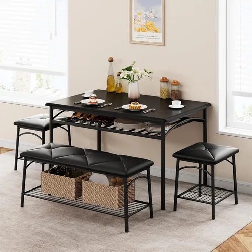 IDEALHOUSE Juego de 4 mesas de comedor para 4, mesa de cocina con banco de comedor tapizado y taburetes cuadrados, juego de comedor para 4 personas
