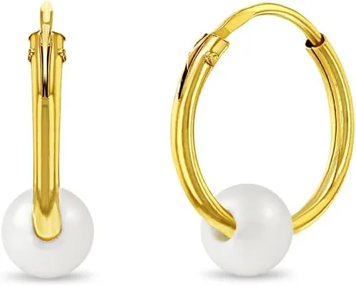 14k Yellow Gold Freshwater Cultured Pearl Endless Hoop Earrings for Little Girls and Preteens - Classic White Pearls Solid 14k Yellow Gold Hoop