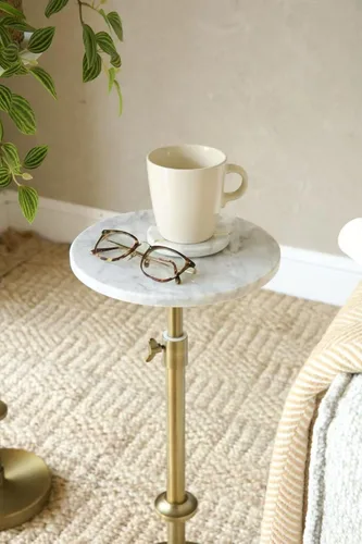 Miniatura 7 de Mesa de bebida de mármol de altura ajustable - 10x10x22-30, mármol blanco y latón antiguo, mesa auxiliar redonda moderna, mesa lateral con soporte
