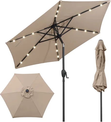Miniatura 22 de Tangkula Sombrilla solar de patio de 10 pies, sombrilla de mercado de mesa al aire libre con 24 luces LED, ajuste de inclinación, mango de manivela