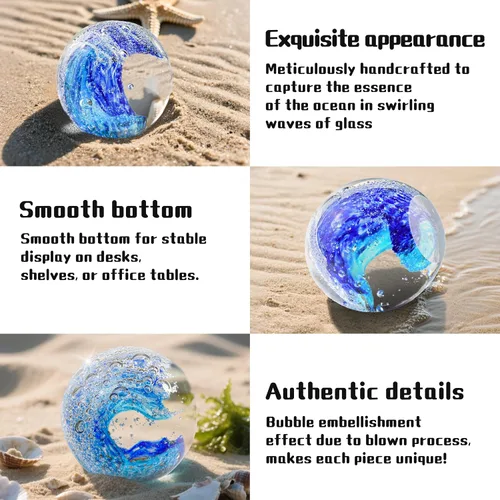 Miniatura 3 de Pisapapeles grande de vidrio de ola oceánica de 3.15 pulgadas, figuras de vidrio de mar sopladas a mano, decoración de olas azules, regalos
