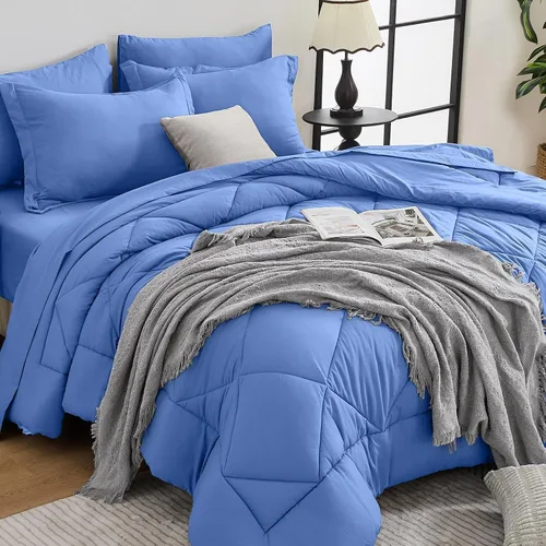 Miniatura 67 de HEVUMYI - Juego de edredón King de 7 piezas para todas las estaciones, cama en una bolsa, ultra suave, juego de cama con edredón, sábana plana, Azul