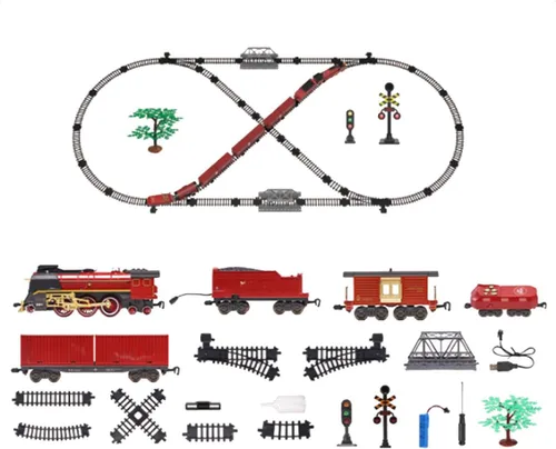 Modelo vintage de tren de Navidad, tren de vapor eléctrico, locomotora ferroviaria con vagón de vapor ligero, pista ovalada, adorno para decoración