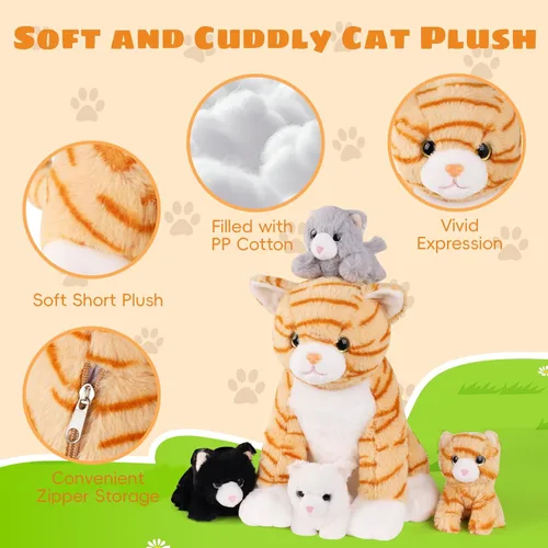 Miniatura 5 de 5 piezas de animales de peluche de gato con bebés, 12 pulgadas, mamá de peluche con 4 gatitos dentro del vientre, peluche de gato atigrado naranja