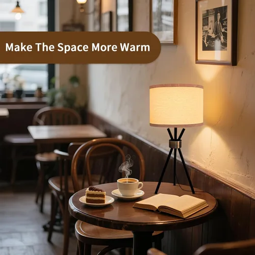 Miniatura 7 de Lámpara de mesa con trípode, cuerpo de metal con pantalla de tambor de lino, lámpara de mesa alta para dormitorio con enchufe E26, ideal para sala