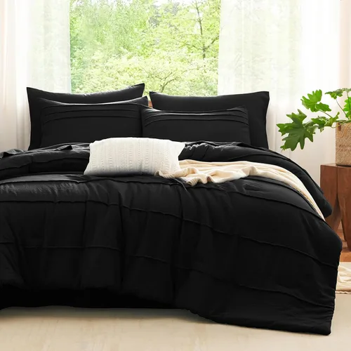 Miniatura 10 de CozyLux Juegos de Edredón Tamaño Full Beige, 7 Piezas Suave Plisado Pinch Pleat Cama en una Bolsa Juego de Edredón Full con Sábanas, Juego de Cama