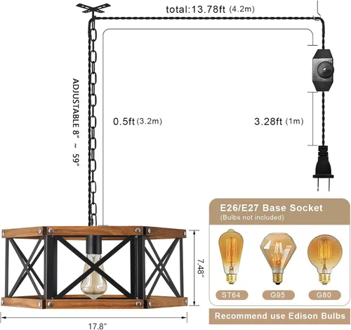 Miniatura 4 de Lámpara Colgante Rústica de Granja Grande Enchufable con Cadena Ajustable, Interruptor Regulable, Lámpara Colgante de Madera de Roble y Jaula