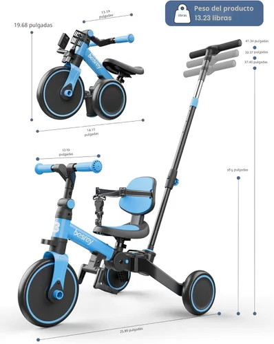 Miniatura 9 de besrey - Bicicleta para niños pequeños 5 en 1 con mango de dirección para padres, para niños y niñas de 1 a 3 años, triciclo de empuje plegable