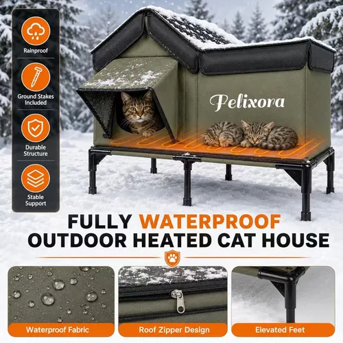 Miniatura 3 de Casa climatizada para gatos para exteriores, refugio de invierno aislado a la intemperie con base elevada y ventana transparente, puerta de escape