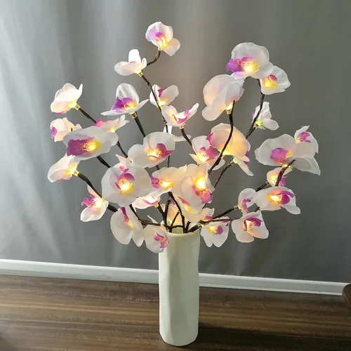 Miniatura 9 de Phalaenopsis - Paquete de 2 lámparas LED de rama de orquídea, ramo de orquídeas artificiales de mariposa, funciona con pilas, para decoración