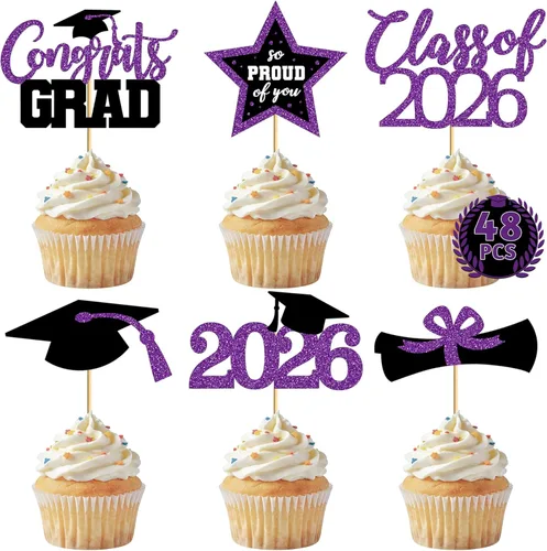 Miniatura 11 de 48 adornos para cupcakes de graduación, 6 estilos con purpurina, decoraciones de graduación en negro y rojo 2026, tapas y palillos para pasteles