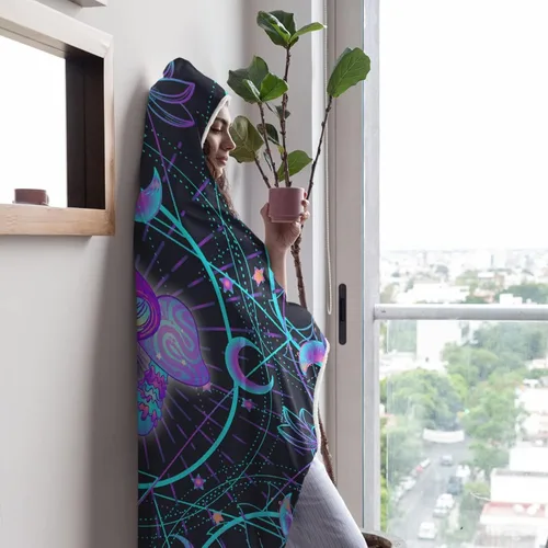 Miniatura 5 de Manta con capucha de hongos para adultos, Navidad, cumpleaños, regalos para mujeres y hombres, poncho hippie morado con capucha de 40 x 50 pulgadas