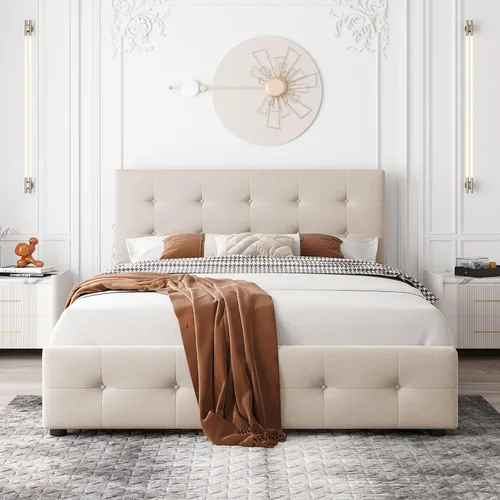 Miniatura 3 de Harper & Bright Designs Cama de plataforma tapizada tamaño Queen con almacenamiento, marco de cama Queen con 4 cajones y cabecero copetudo