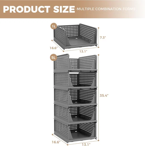 Miniatura 3 de Pinkpum Paquete de 5 organizadores plegables de armario, cesta de plástico apilable para ropa, contenedor de almacenamiento de estantes para Negro