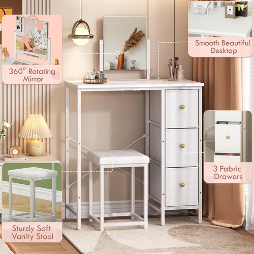 Miniatura 3 de Escritorio pequeño de 27.5 pulgadas con espejo y silla, juego de tocador de maquillaje compacto con silla, tocador pequeño con 3 cajones de tela