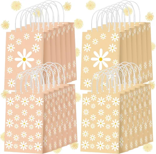 Miniatura 8 de Outus 24 bolsas de regalo de margaritas para fiestas, bolsas de papel de regalo de flores bohemias con asas, bolsas de papel retro hippie