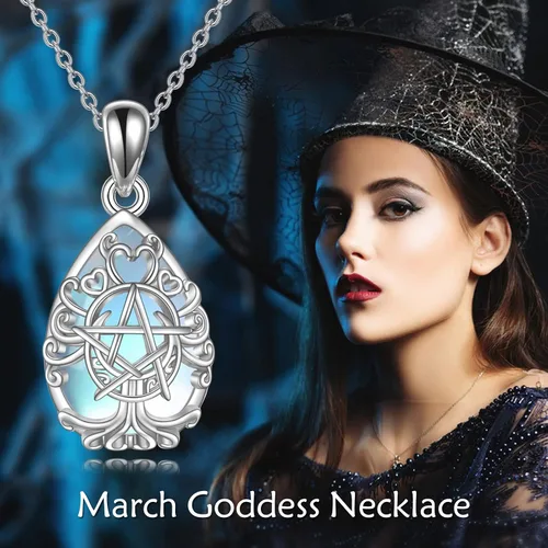 Miniatura 5 de YFN Collar con dije de triple luna y diosa de plata esterlina, pentagrama y ópalo, collar con dije de ópalo pagano, amuleto mágico wiccano, árbol