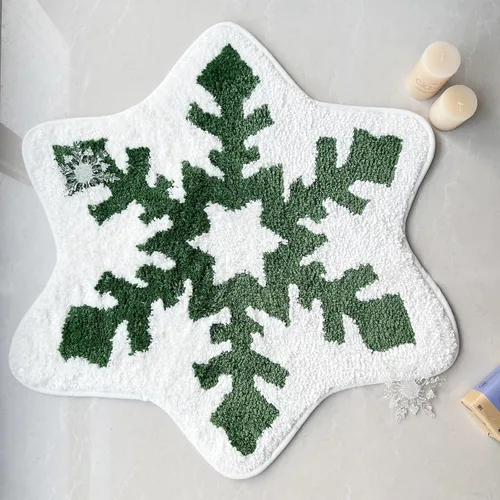 Miniatura 8 de YRXRUS Alfombra de baño de copos de nieve, decoraciones navideñas, tapete con forma de nieve verde y blanca, sala de estar, dormitorio, cocina