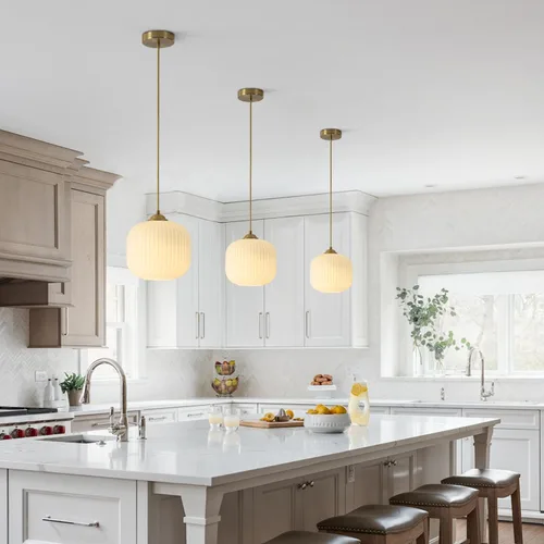 Miniatura 6 de Lámpara colgante de vidrio de leche dorada Luz colgante de latón antiguo, pequeñas luces colgantes blancas para isla de cocina, lámpara de techo