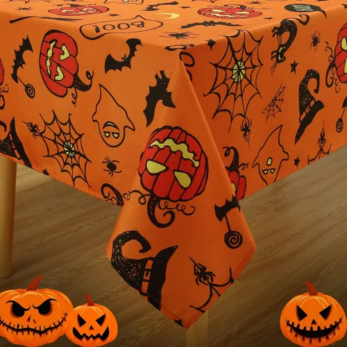 Miniatura 2 de CAROMIO Mantel de Halloween, tela de araña y calabaza, mantel impermeable de telaraña de murciélago y fantasma, decoración de mesa de Halloween