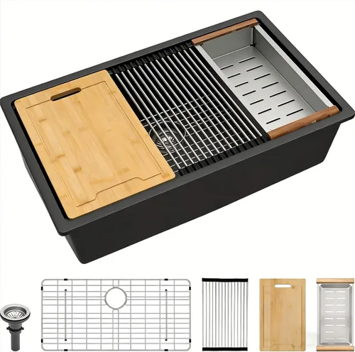 Miniatura 15 de Lordear Fregadero de Bar Empotrado de Granito Compuesto de 18 Pulgadas 18"x18" Fregaderos de Cocina de Cuarzo Compuesto Negro de Un Solo Tazón Bajo