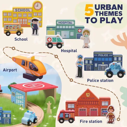 Miniatura 2 de Juego de tren de madera de 118 piezas, juego de tren urbano con tren eléctrico y juego de pesca, compatible con las principales marcas, regalo ideal