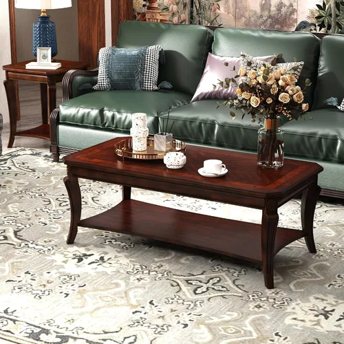 Miniatura 4 de Mesa auxiliar tradicional con estante de almacenamiento y patas talladas, mesas de sala de estar de granja, mesa central rectangular de madera