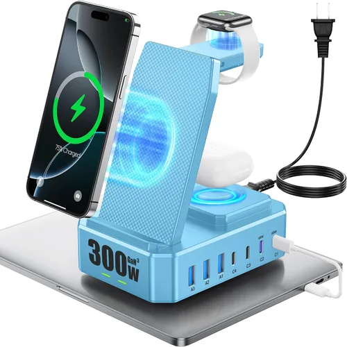 Miniatura 9 de Estación de carga de 300W para múltiples dispositivos Apple, cargador inalámbrico 10 en 1 para iPhone, soporte de carga rápida PD 65W USB C GaN III