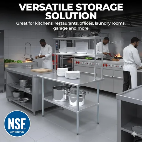 Miniatura 7 de Estante doble de acero inoxidable resistente con certificación NSF de calibre 18 con soportes para cocinas, cuartos de servicio, almacenamiento