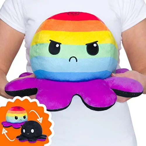 TeeTurtle - Peluche de gran pulpo reversible, original, diseño patentado, negro y con rayas del color del arcoíris, feliz y enojado, muestra tu
